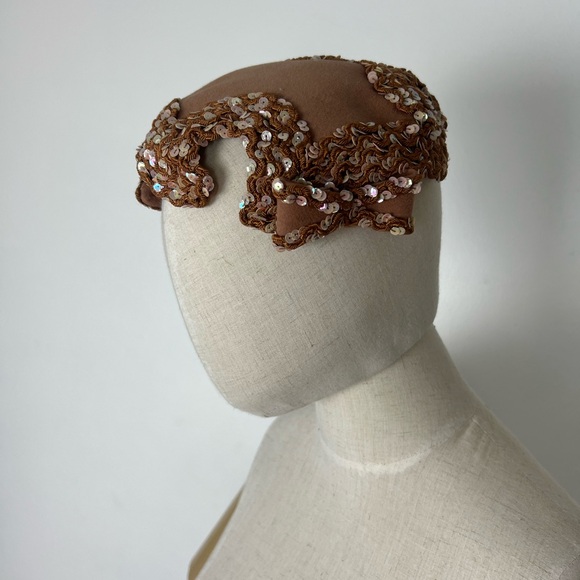 1950’s 50s Vintage Elegant Brown Wool Felt Sequin Sequined Soutache Women's Hat - Picture 13 of 16